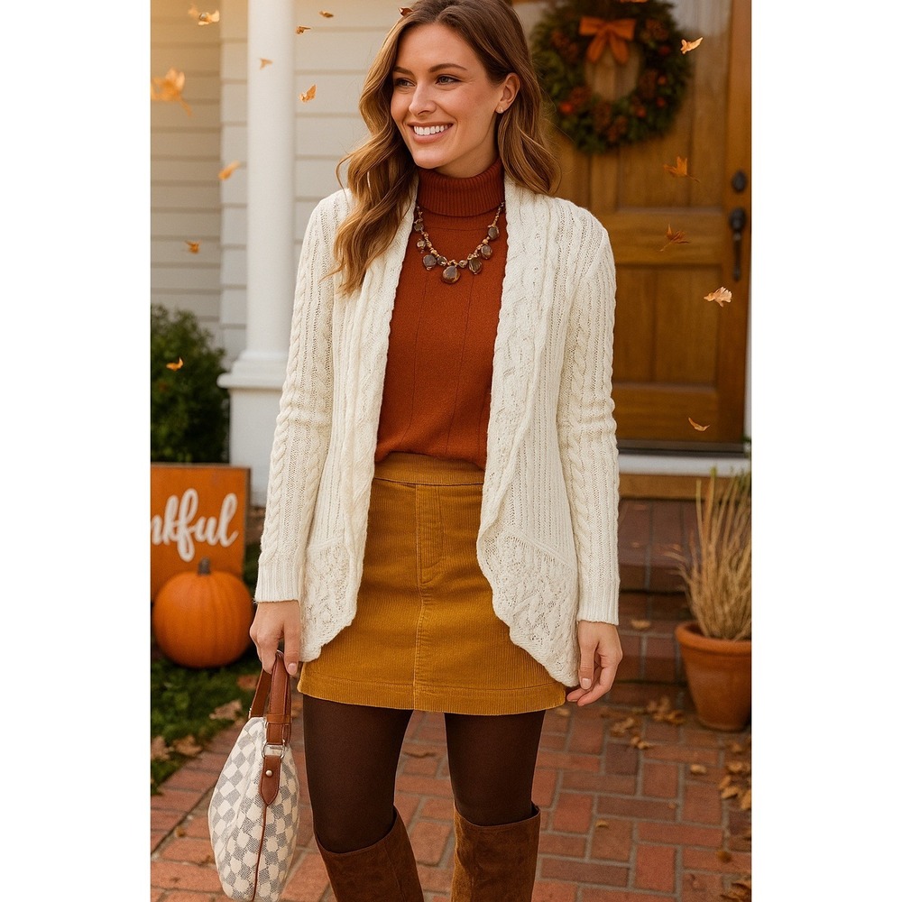 LRL Lauren Jeans Co Ralph Lauren White Cable Knit‎ Duster Cardigan Sweater Large